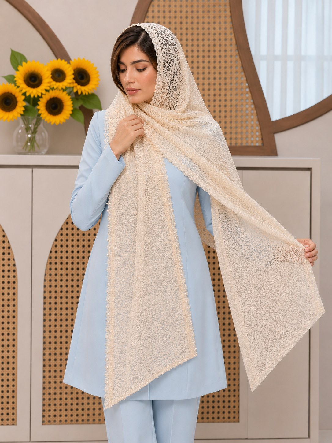 شال گیپور نگین مروارید کرم