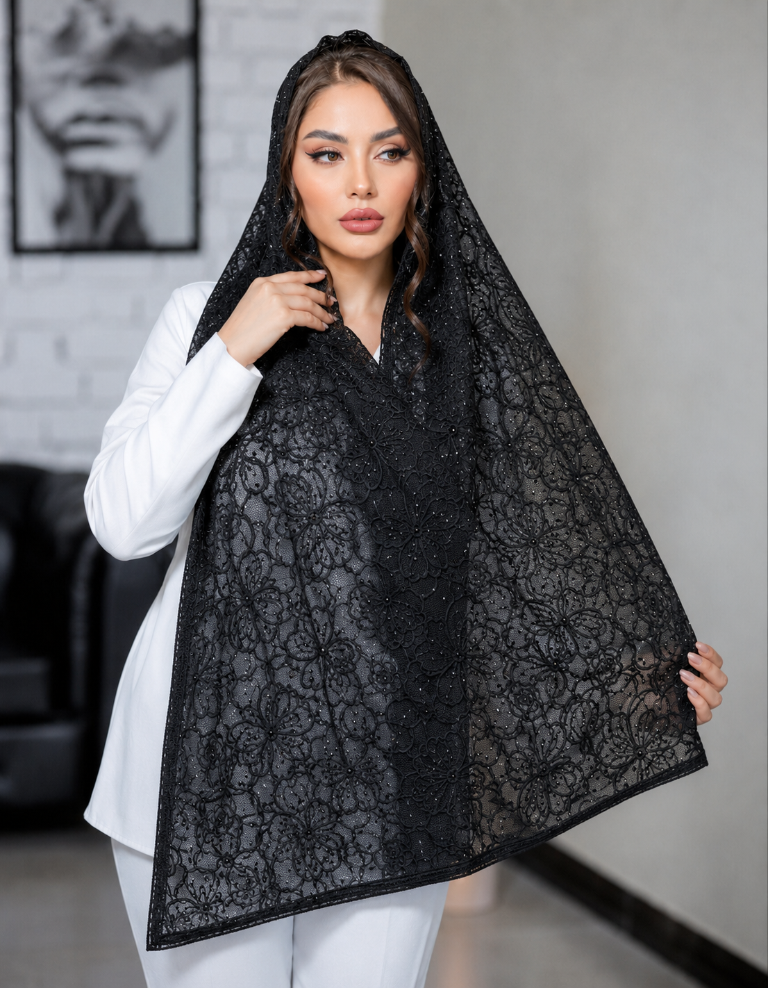 شال گیپور گلدار مشکی وارداتی