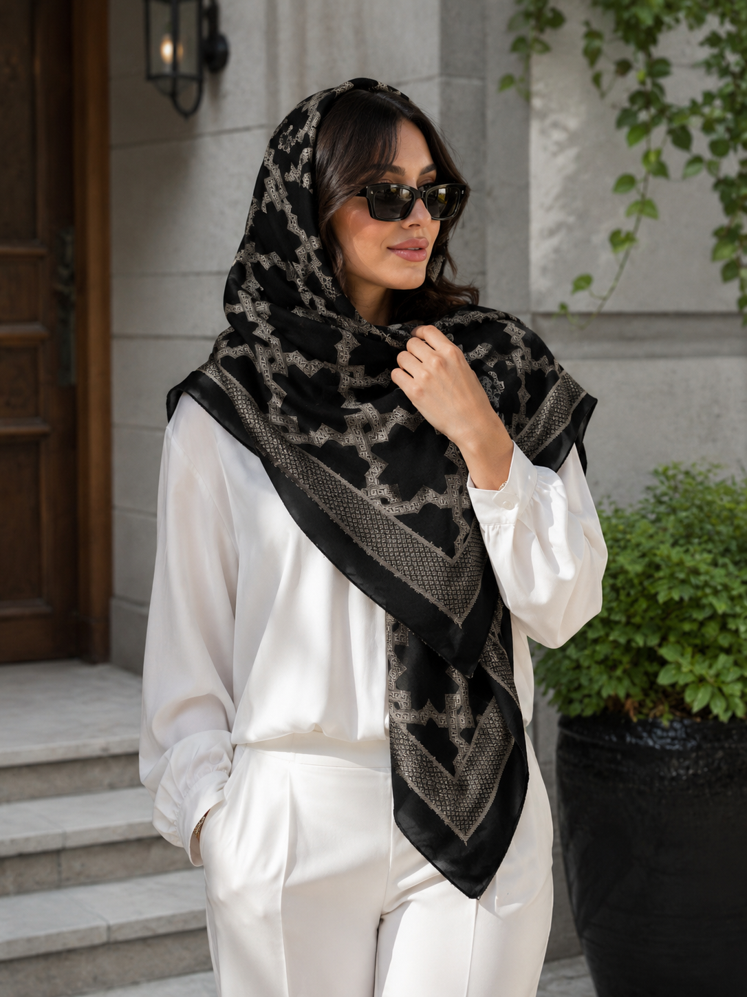 روسری مجلسی دووره گل برجسته مشکی طلایی ترک قواره ۱۲۰