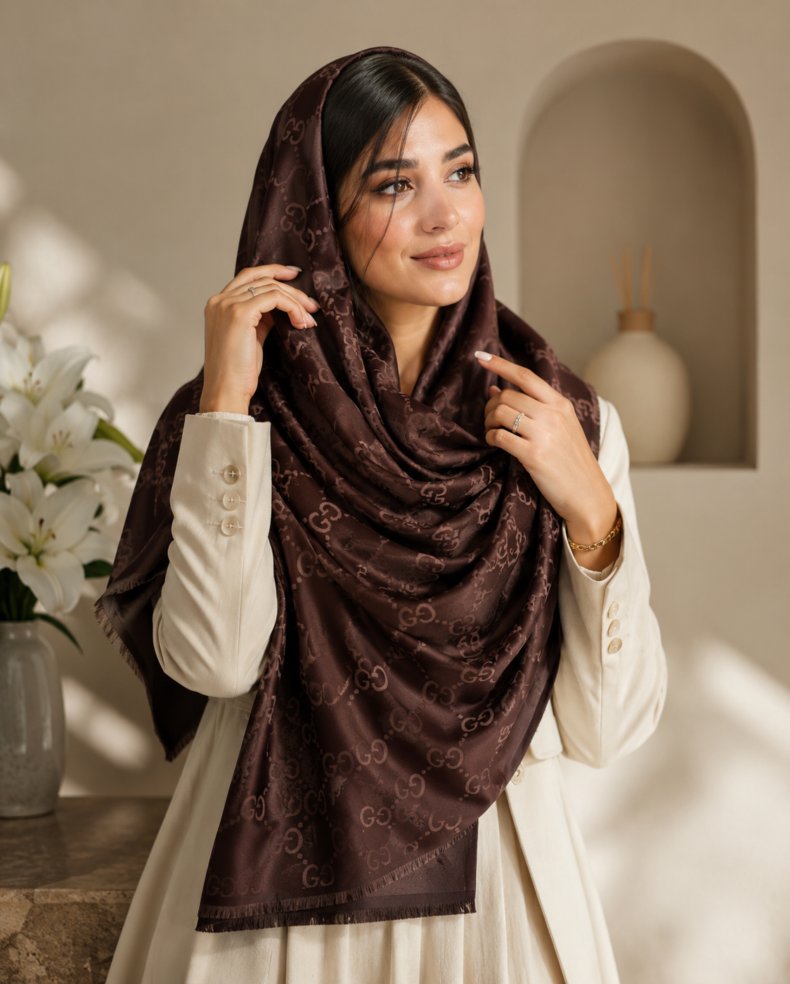 شال ابریشم نخ ژاکارد قهوه ای شکلاتی