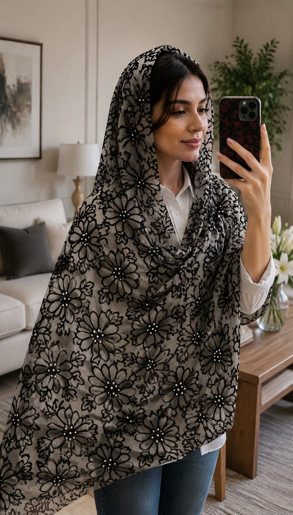 شال ابریشم خامه دوزی نگین دار