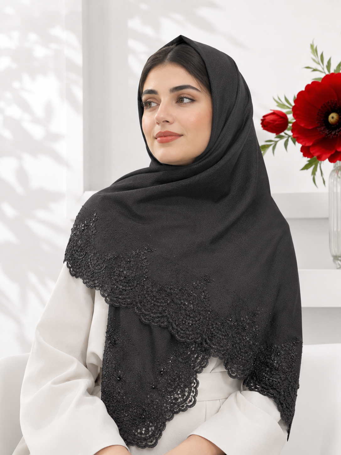 روسری مجلسی گلدوزی مرواریدی قواره ۱۴۰