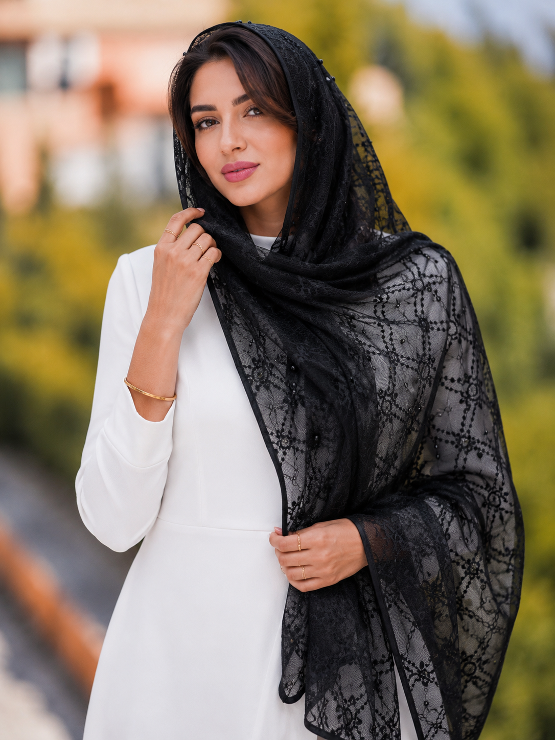 شال حریر مجلسی زنانه مروارید دار