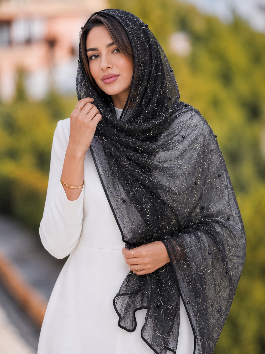 شال حریر مجلسی زنانه مروارید دوزی لمه