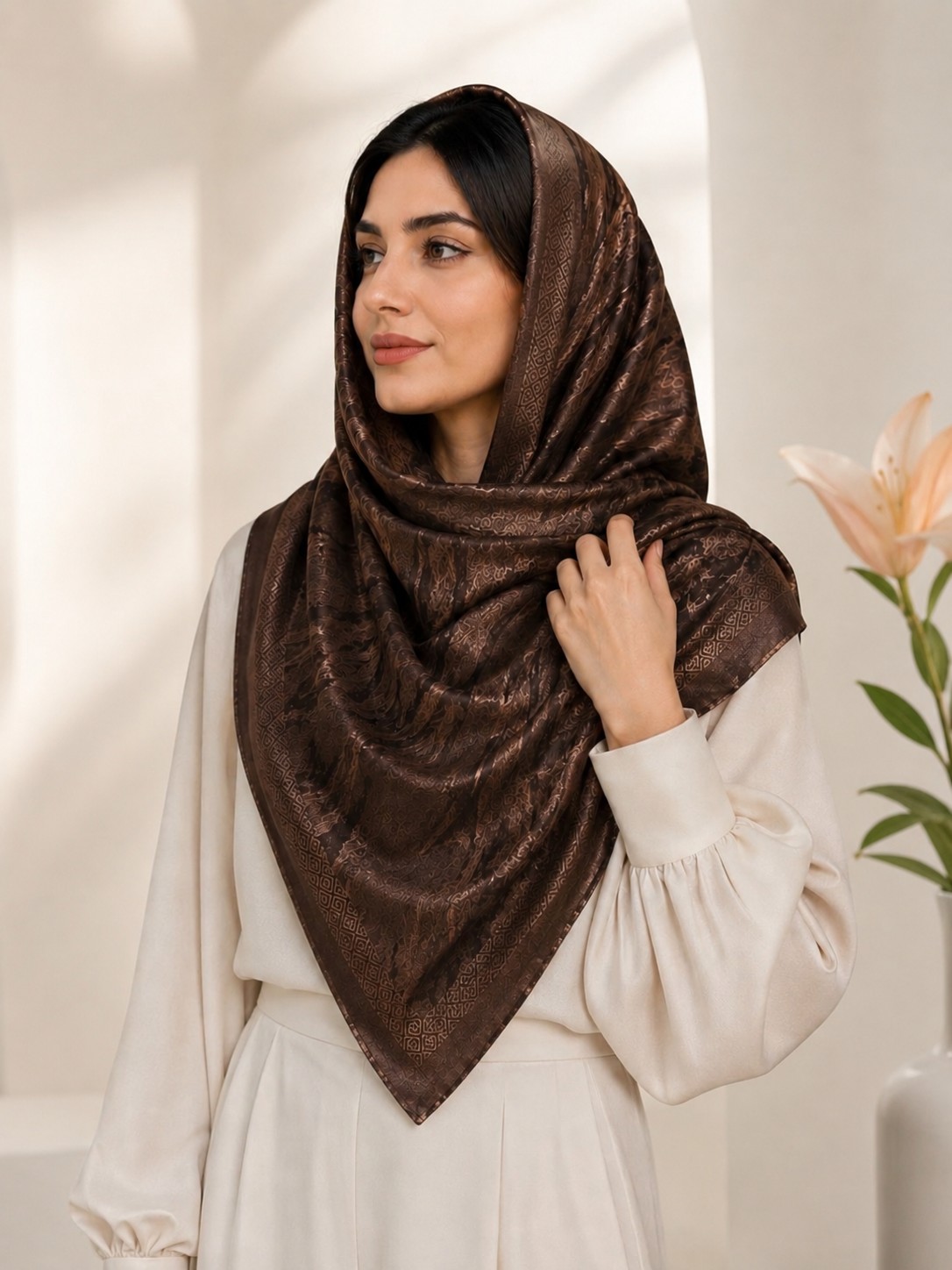 روسری مجلسی زنانه ابریشم قهوه‌ای قواره ۱۲۰