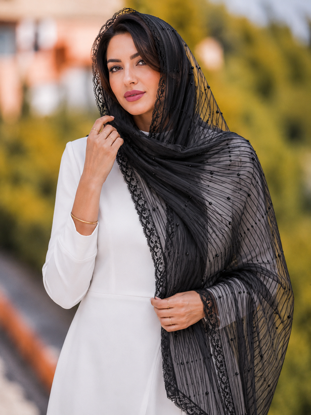 شال حریر مجلسی زنانه مروارید دار
