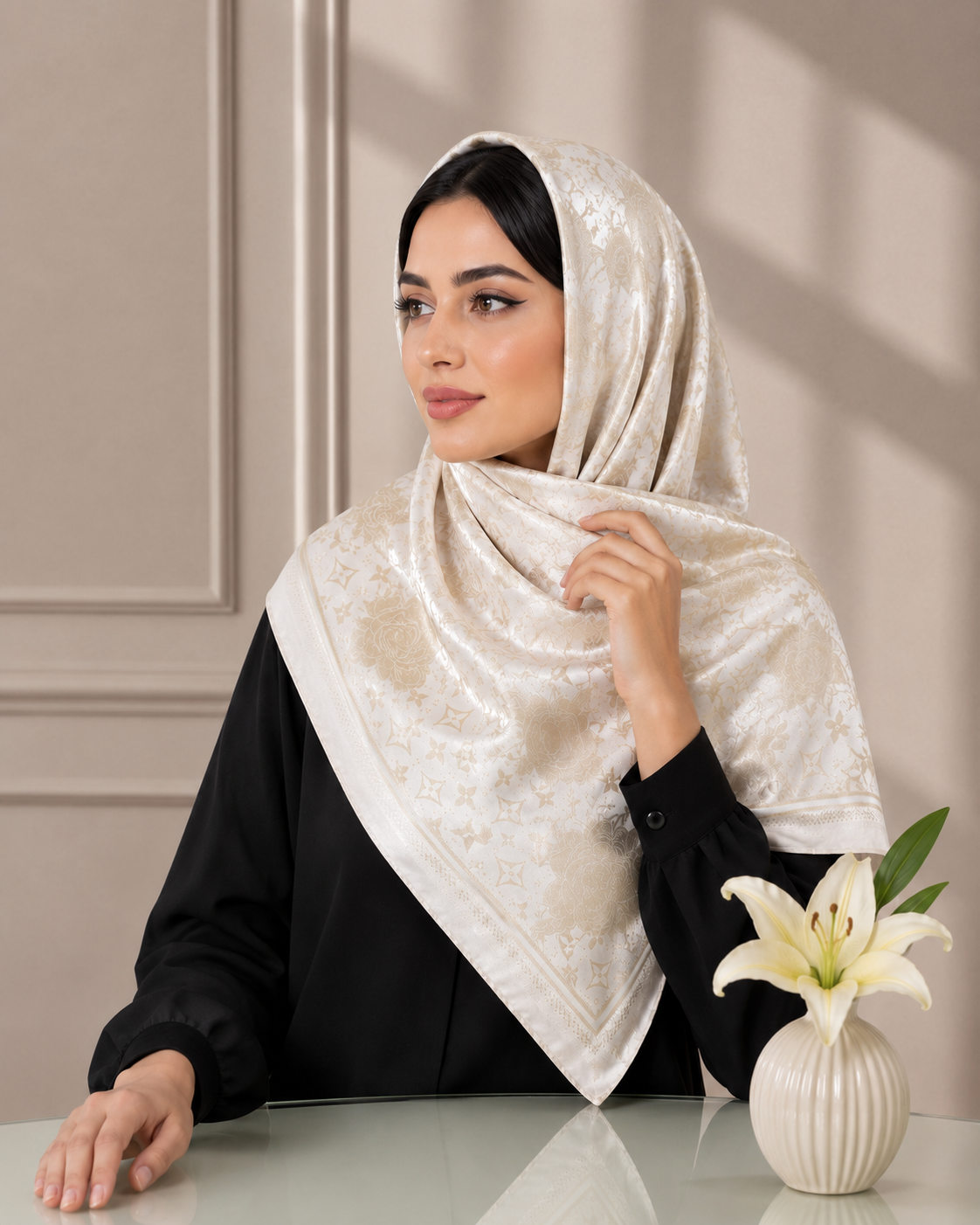 روسری ساتن زنانه لویی ویتون صدفی طلایی روشن