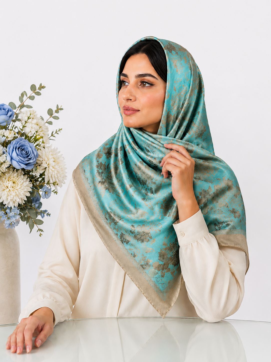 روسری ابریشم مجلسی زنانه فیروزه‌ای قواره ۱۱۰
