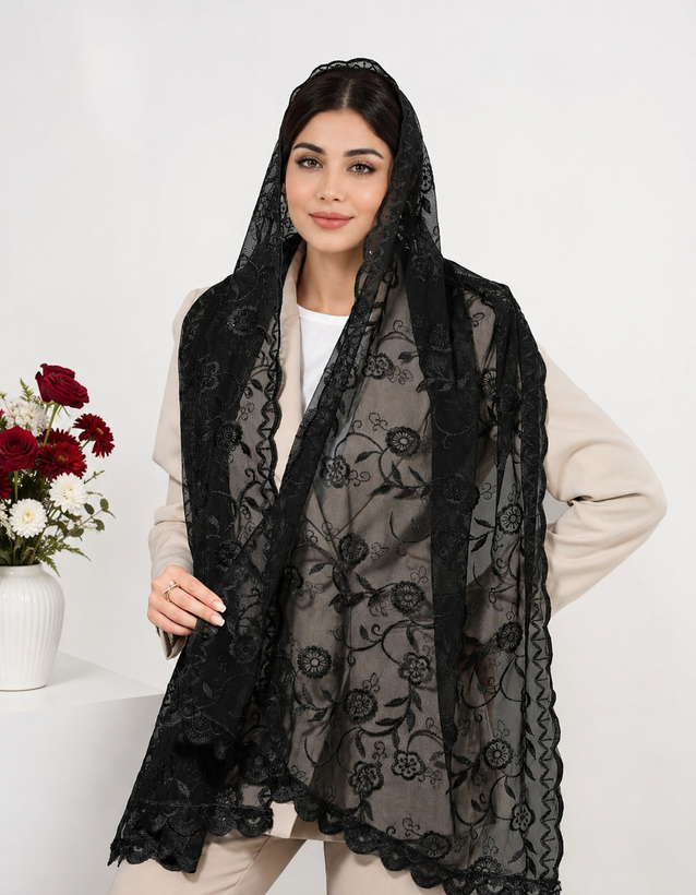 شال ابریشم مجلسی مشکی زنانه اورگانزا