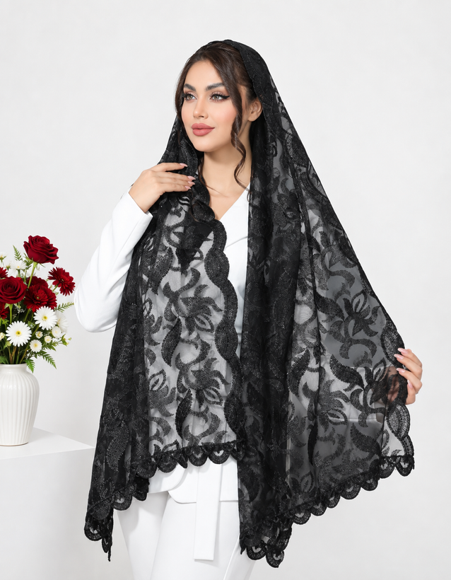 شال ابریشم مجلسی مشکی زنانه اورگانزا