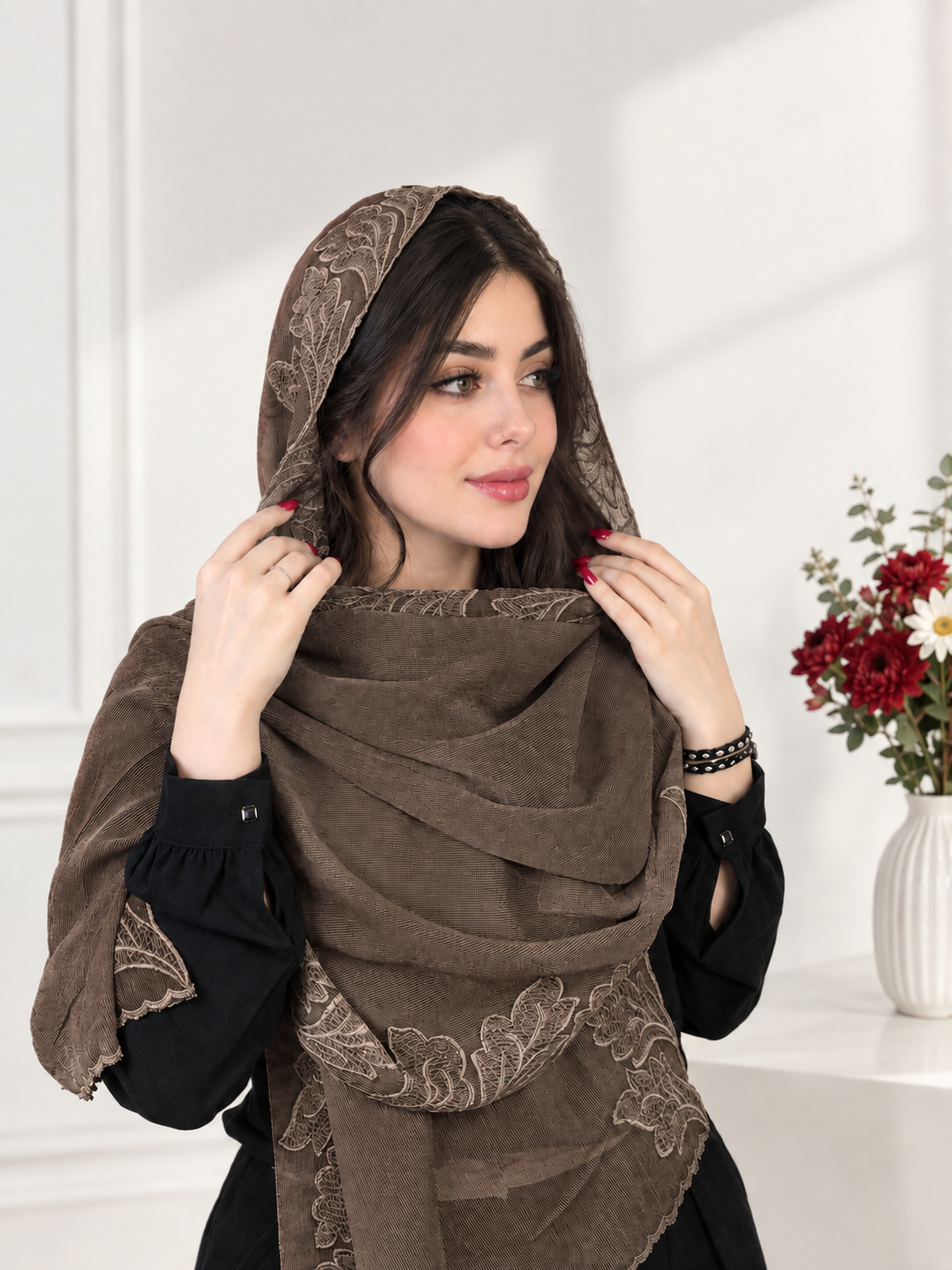 شال سنگشور کبریتی مجلسی زنانه حاشیه گلدوزی