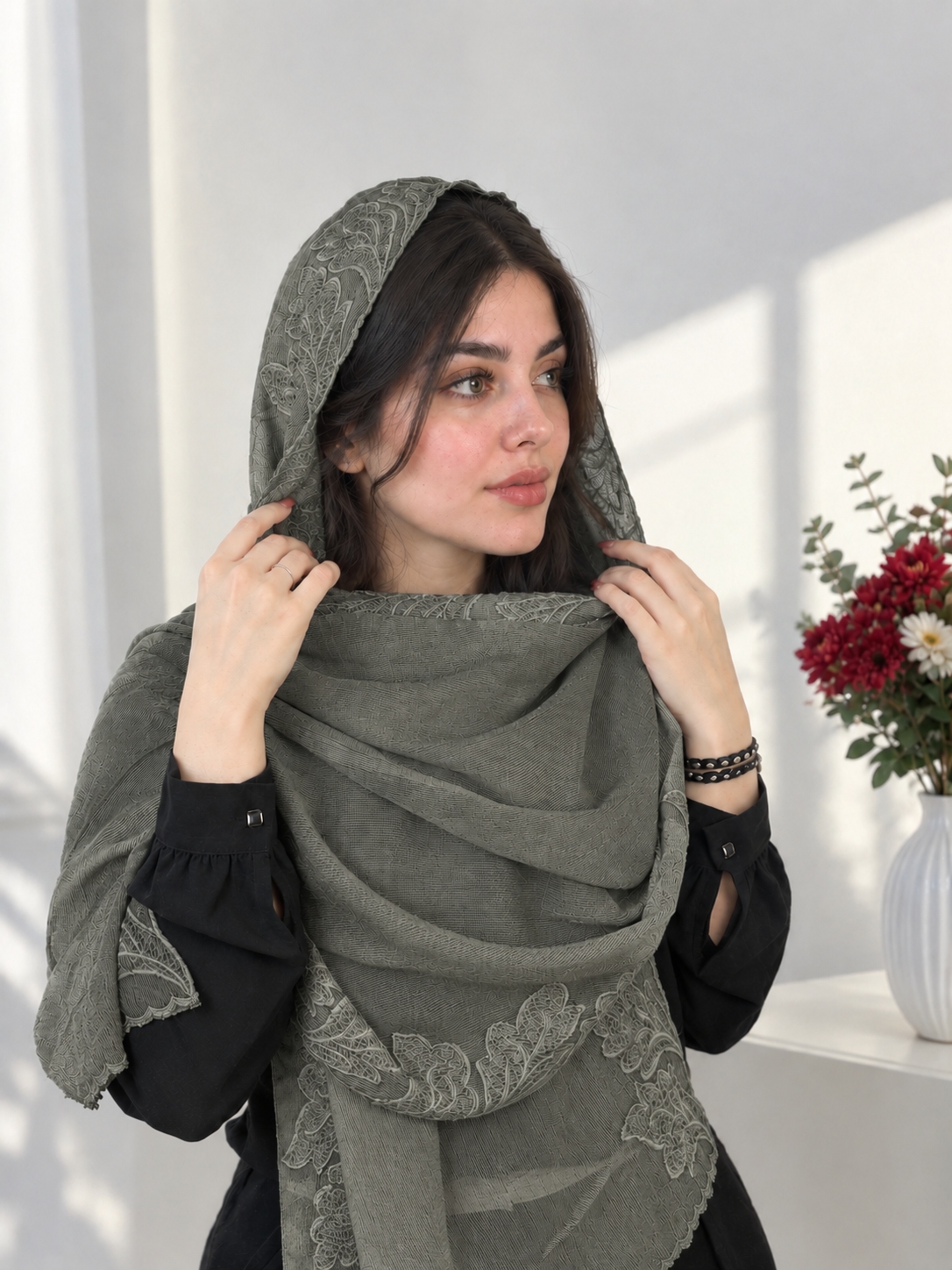 شال سنگشور کبریتی مجلسی زنانه حاشیه گلدوزی