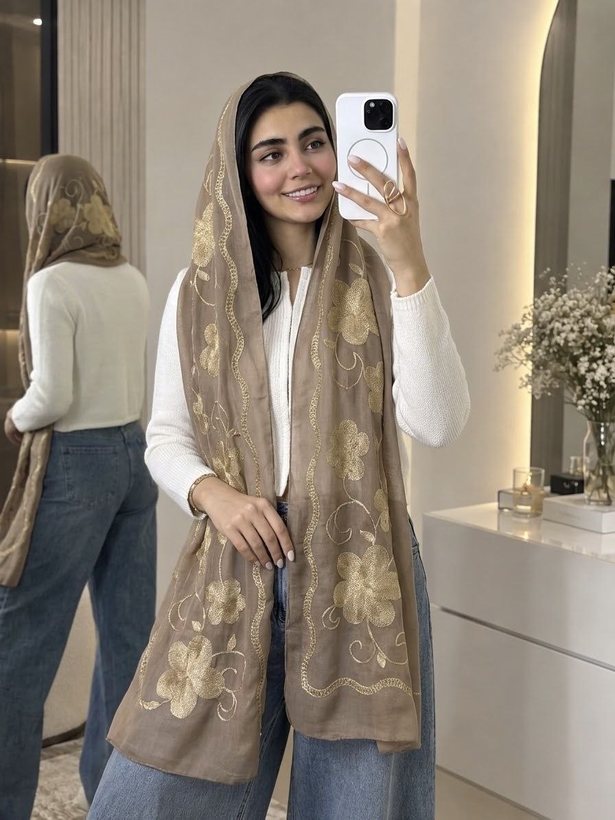 شال خامه دوزی گلدار وارداتی مجلسی زنانه