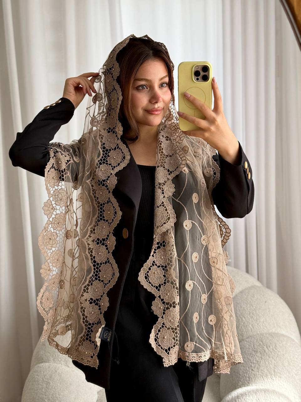 شال مجلسی زنانه گلدوزی مرواریدی